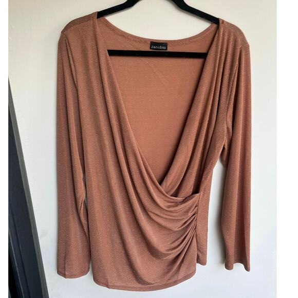 Zenobia Y2K Copper V Neck Drapey Ruched Shimmery Metallic Stretch Wrap Top XL - Picture 1 of 8